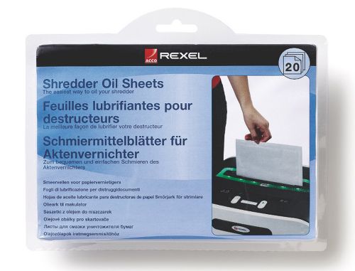 Folhas lubricantes rexel para destruidora embalagem de 20 folhas formato a5 , Rexel , 73788 , 5028252248037